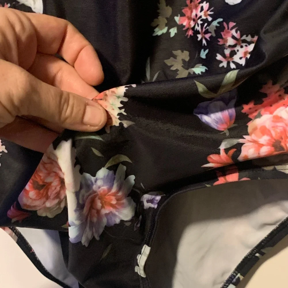 Swimsuit Women's Large black w floral design Mesh, waist tie halter neckline
